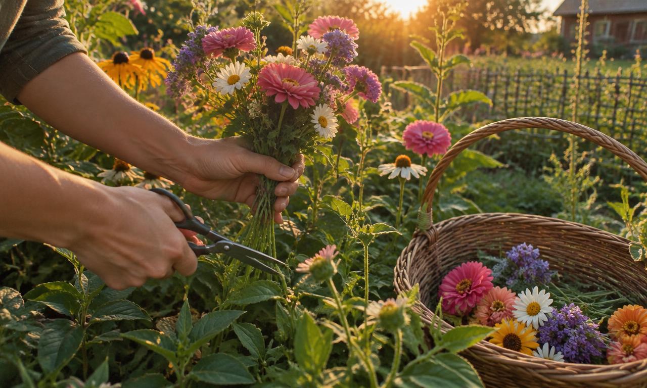 Des mains coupant quelques fleurs dans un jardin, avec un panier d'osier à côté.