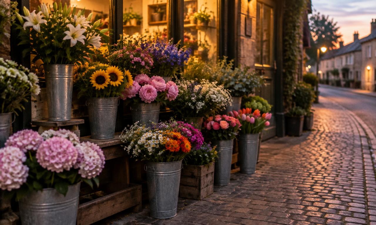 Seaux de zinc remplis de fleurs fraîches, alignés devant une boutique à la tombée du jour.